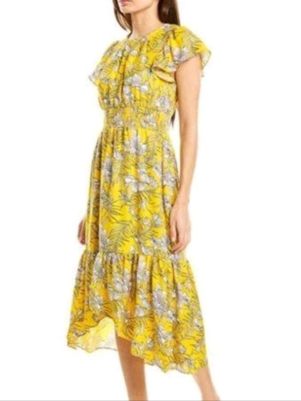 Walter Baker Ali Yellow Floral Hi-Low Flutter Sleeve Dress M Vibrant Resortwear